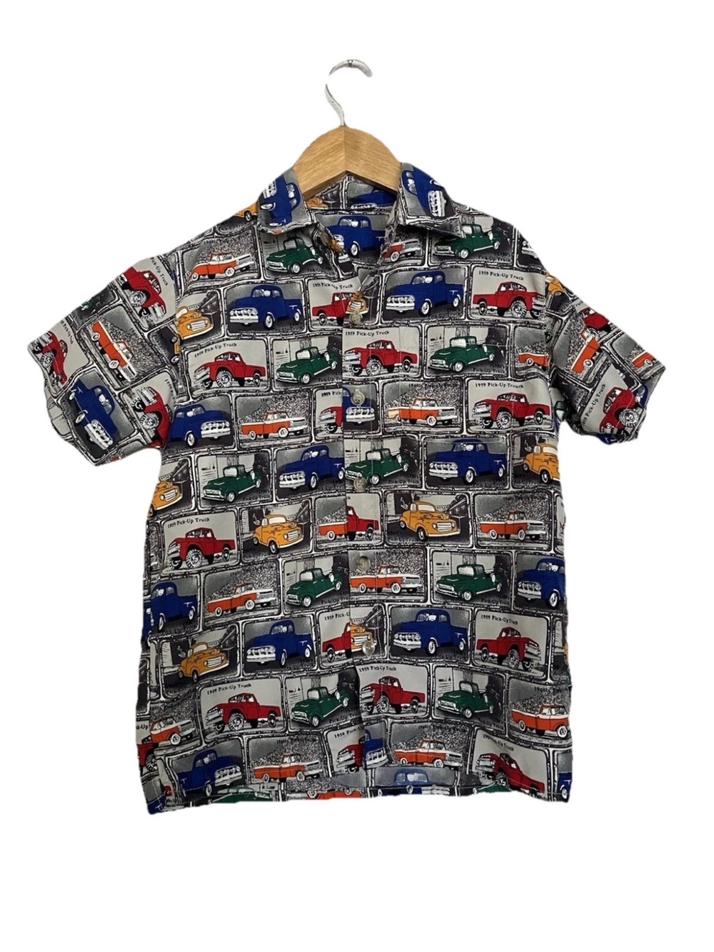 Vtg Boys Short Sleeve Button 50s 60s Truck Print Shirt Rockabilly Car Show Med